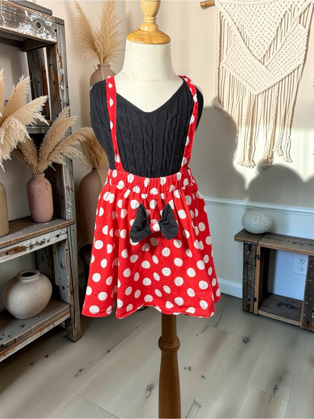 Red Polka Dot Suspender Skirt with Black Bow for Kids